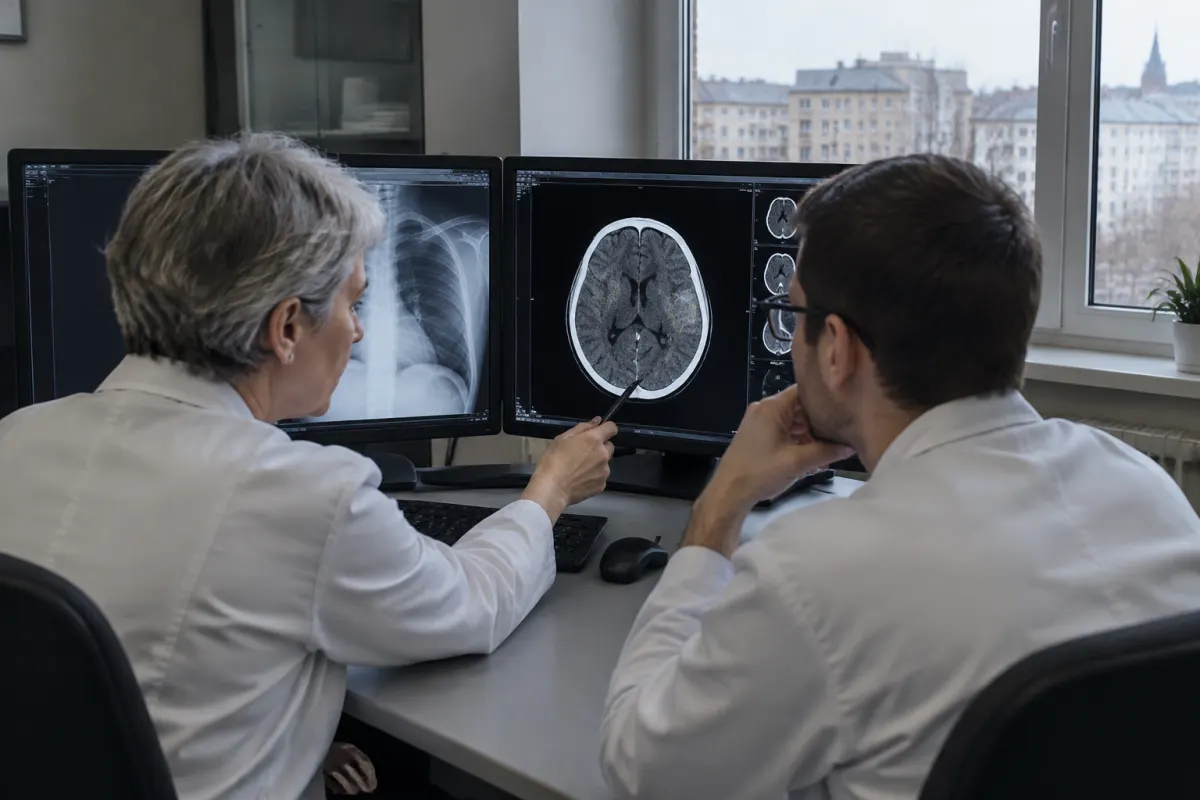Siwowłosa lekarka radiolog wskazuje długopisem zmianę na tomografii mózgu, obok młodszy lekarz w okularach, na drugim monitorze zdjęcie RTG klatki piersiowej, za oknem bloki mieszkalne