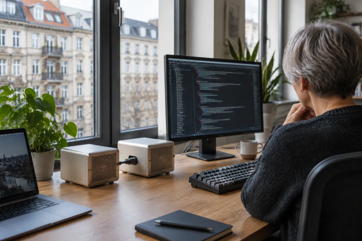 Dwa małe srebrne komputery połączone kablem stoją na drewnianym biurku obok laptopa, a programistka o siwych włosach patrzy na monitor z kodem, za oknem kamienice