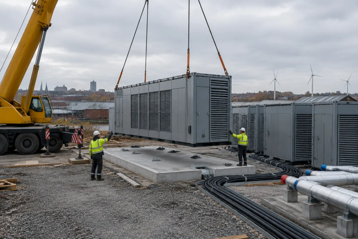 Dźwig opuszcza szary kontener z serwerami na betonowy fundament obok podobnych modułów, dwóch pracowników w kamizelkach odblaskowych kieruje montażem, w tle miasto i turbiny wiatrowe