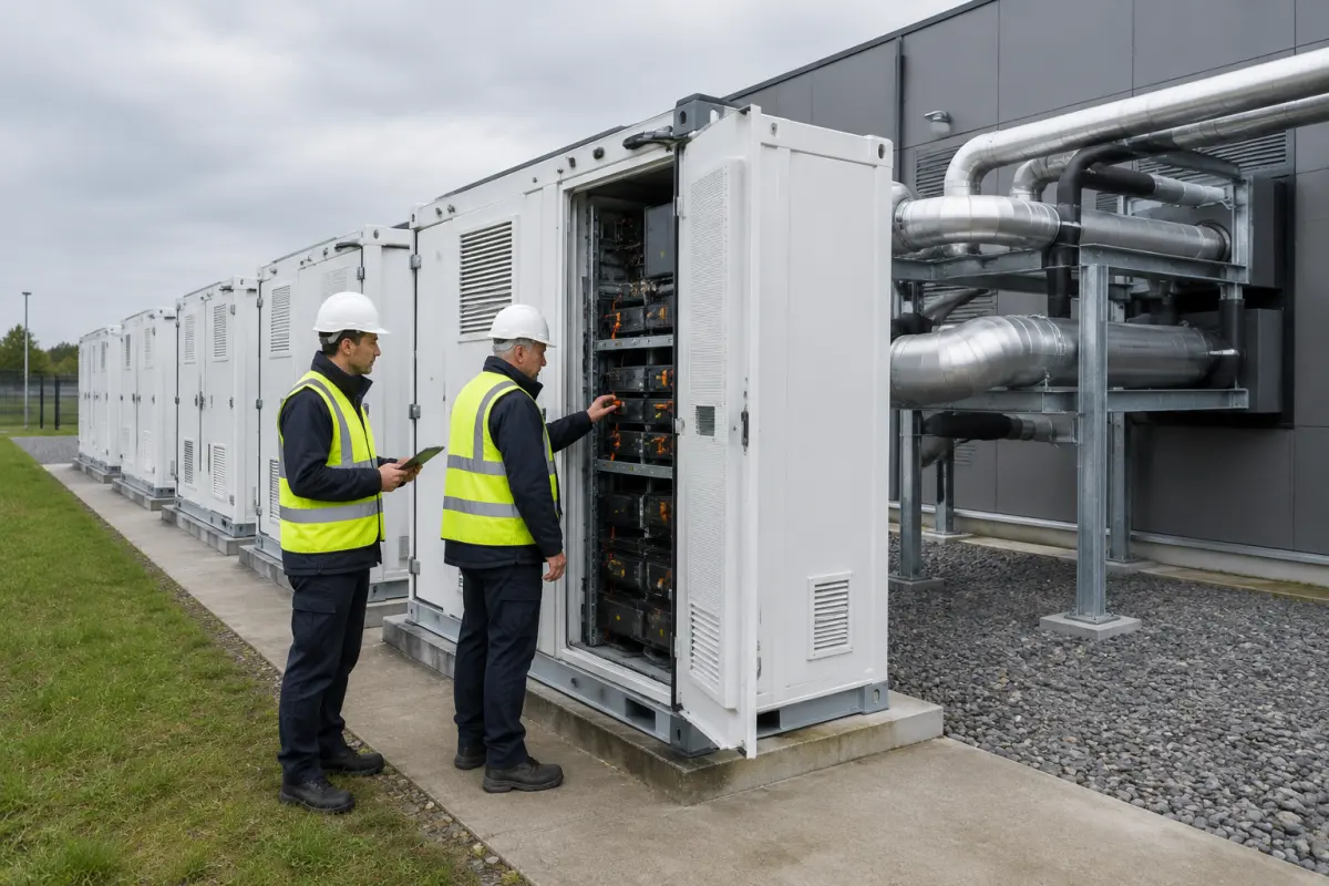 Dwóch inżynierów w kaskach i kamizelkach odblaskowych sprawdza otwartą szafę magazynu energii przy budynku centrum danych, obok biegną grube rury instalacji chłodzenia