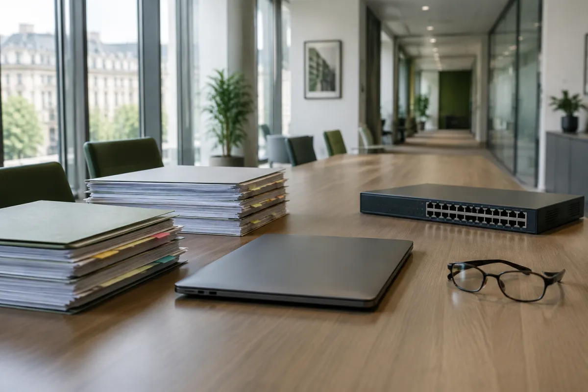 Stosy segregatorów z kolorowymi zakładkami, zamknięty laptop, okulary i przełącznik sieciowy na długim drewnianym stole w jasnym biurze z widokiem na kamienice