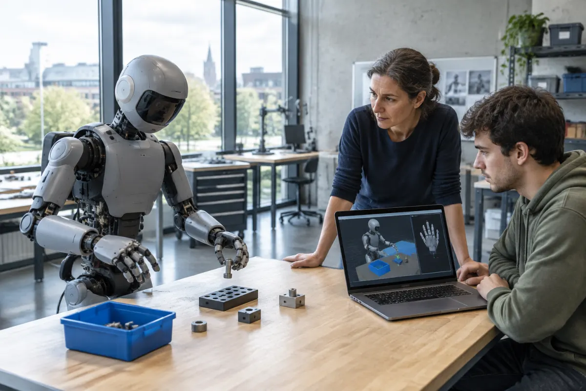 Szary robot humanoidalny przy drewnianym stole w laboratorium uczelni chwyta metalowy element, obok kobieta i młody mężczyzna obserwują symulację ruchu robota na laptopie