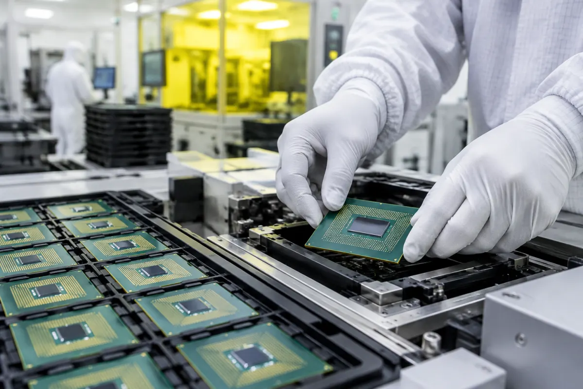 Technik w białym kombinezonie i rękawiczkach w sterylnej hali kładzie zielony układ scalony na podłożu w gnieździe maszyny testującej, obok rzędy gotowych procesorów w tackach