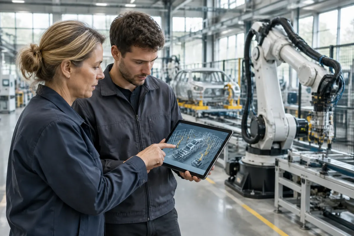 Inżynierka i młody technik w hali fabrycznej oglądają na tablecie cyfrowy model linii produkcyjnej obok dużego ramienia robota przemysłowego