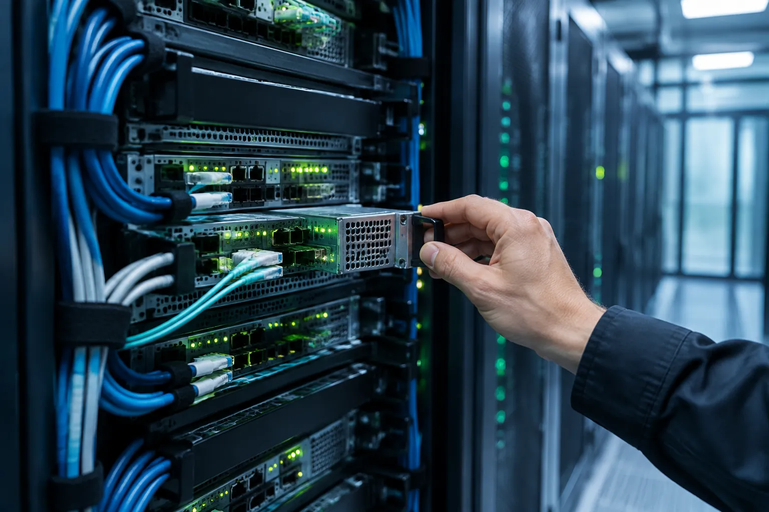Technik wsuwa moduł sieciowy do szafy serwerowej z zielonymi diodami w europejskim centrum danych