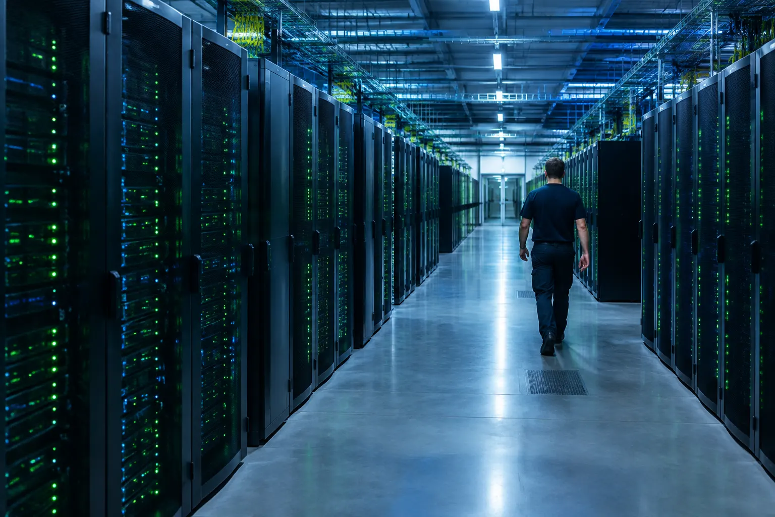 Technik idzie długim korytarzem między szafami serwerowymi z zielonymi diodami w dużej hali centrum danych