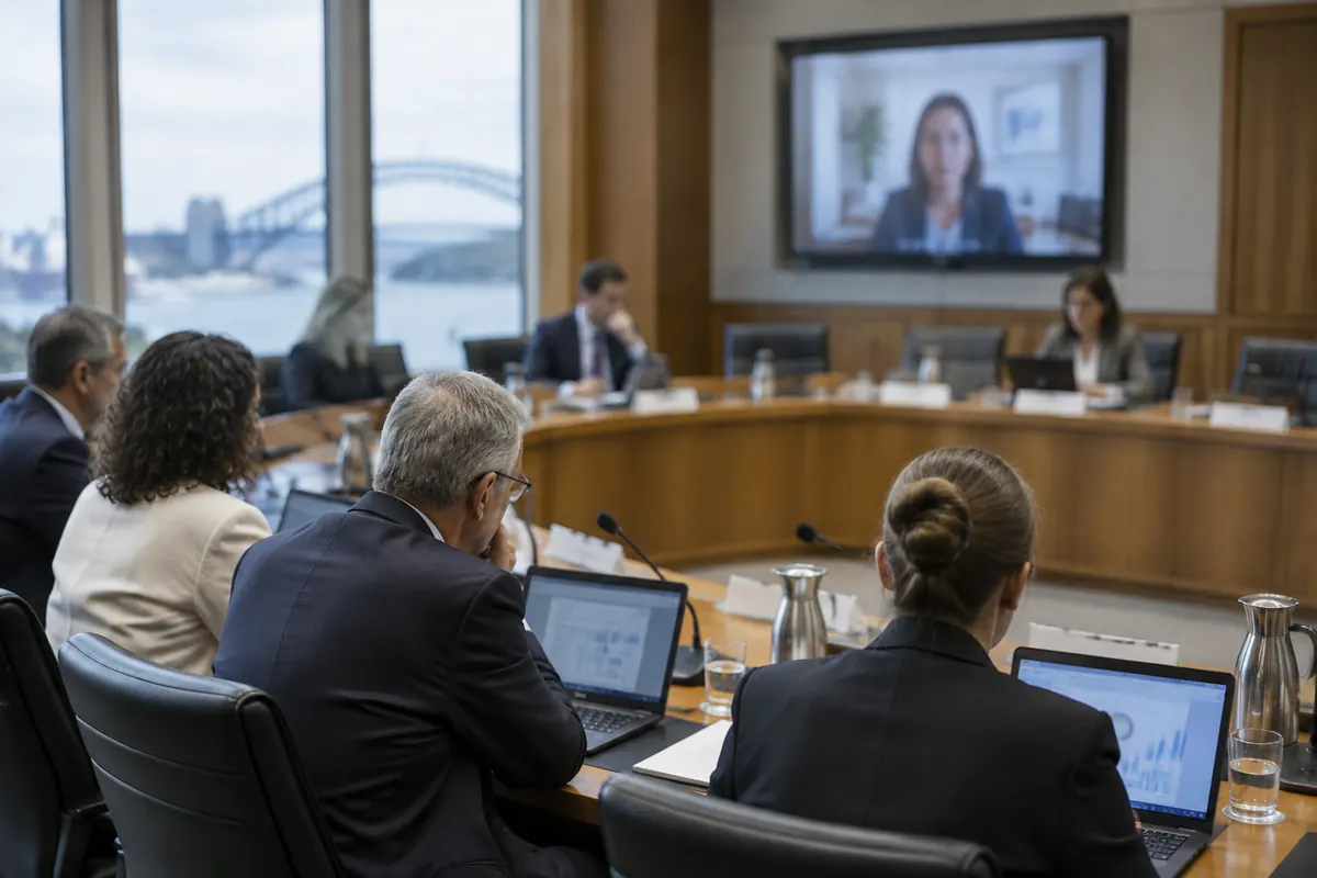 Członkowie komisji parlamentarnej przy drewnianym stole z laptopami i mikrofonami słuchają świadka łączącego się przez wideo, za oknem widać zatokę i most w Sydney