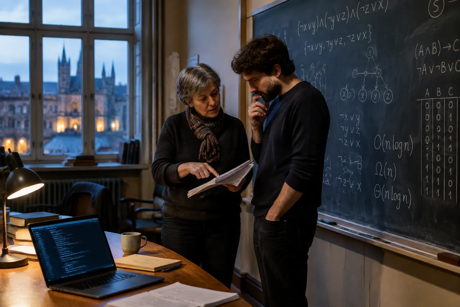 Starsza informatyczka pokazuje młodszemu koledze wydruk dowodu przy tablicy z formułami logicznymi w sali seminaryjnej europejskiej uczelni, na stole laptop z kodem