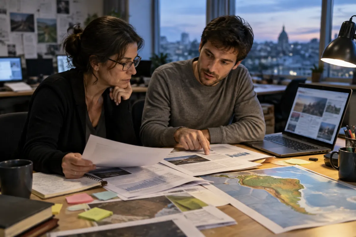 Dwoje dziennikarzy w redakcji wieczorem porównuje wydrukowane raporty i artykuły na laptopie, na biurku leży mapa Ameryki Południowej i kolorowe karteczki