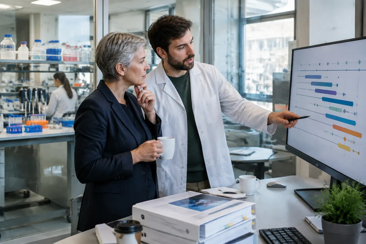 Kobieta z krótkimi siwymi włosami i młodszy badacz w fartuchu laboratoryjnym analizują na monitorze wykres harmonogramu projektu, za szybą widać laboratorium