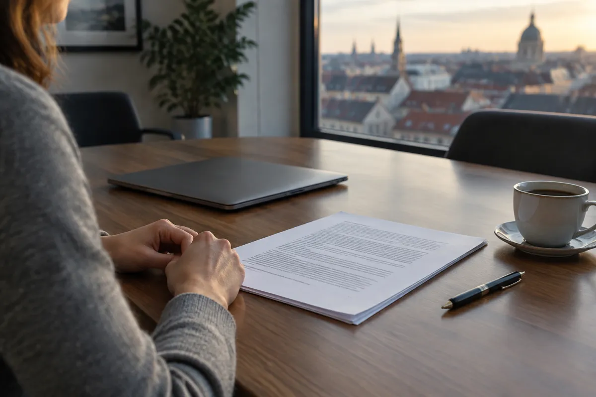 Kobieta w szarym swetrze siedzi przy drewnianym stole w sali konferencyjnej z widokiem na dachy starego miasta, przed nią leży wydrukowany list, zamknięty laptop, długopis i filiżanka kawy