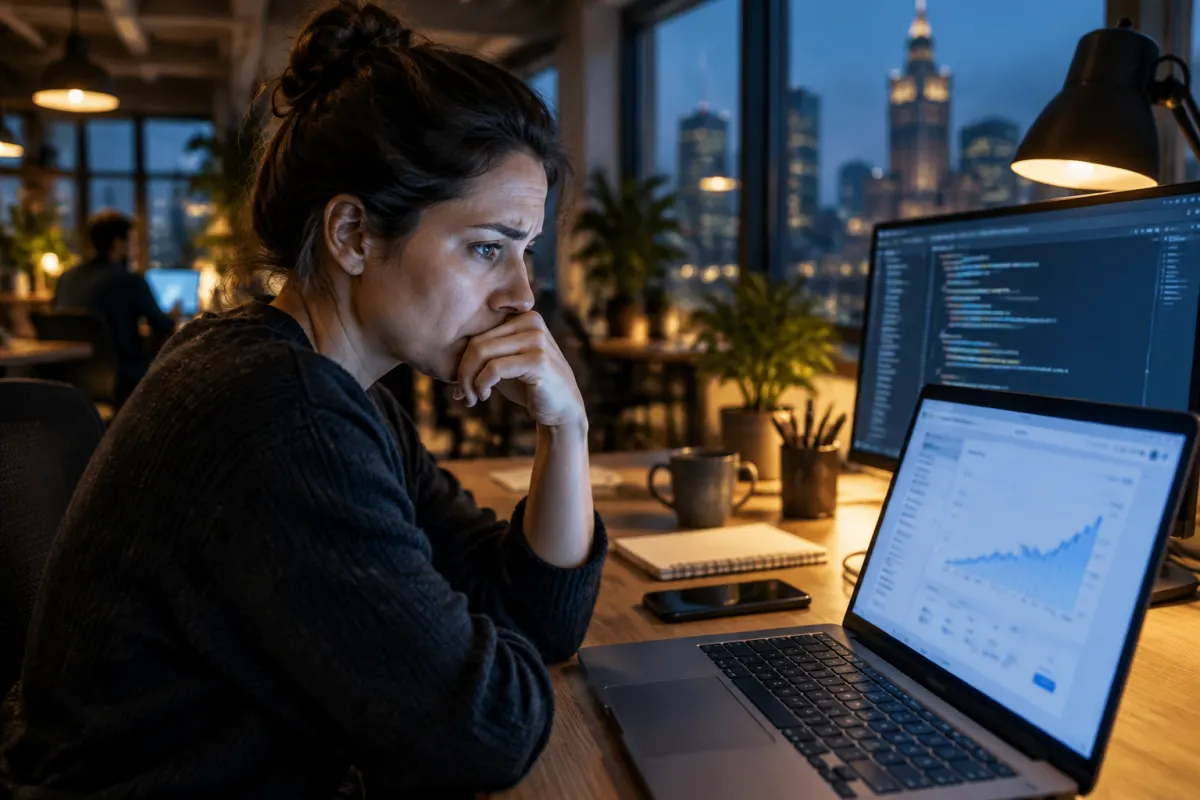 Programistka w wieczornym coworkingu z widokiem na miasto z niepokojem patrzy na laptop z rosnącym wykresem zużycia, obok monitor z kodem i telefon