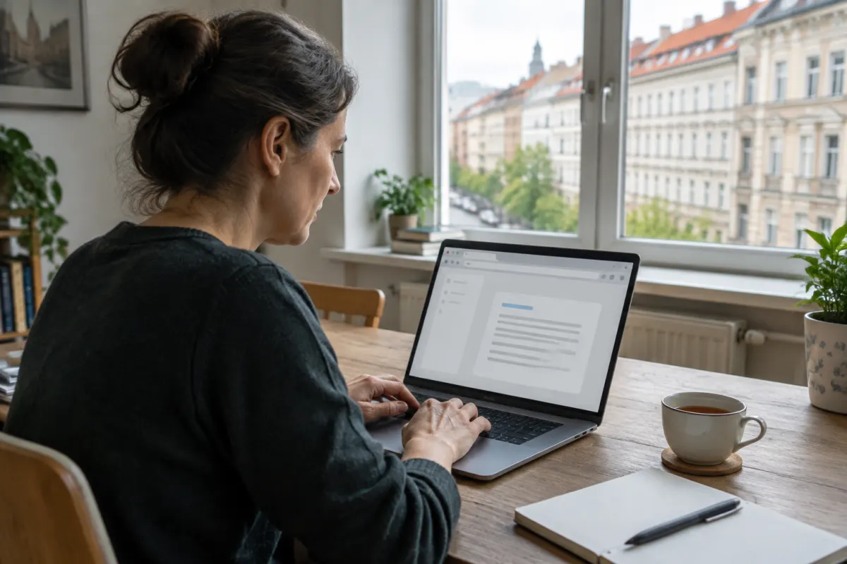 Kobieta pracuje przy laptopie z otwartą przeglądarką na drewnianym stole, za oknem kamienice w środkowoeuropejskim mieście