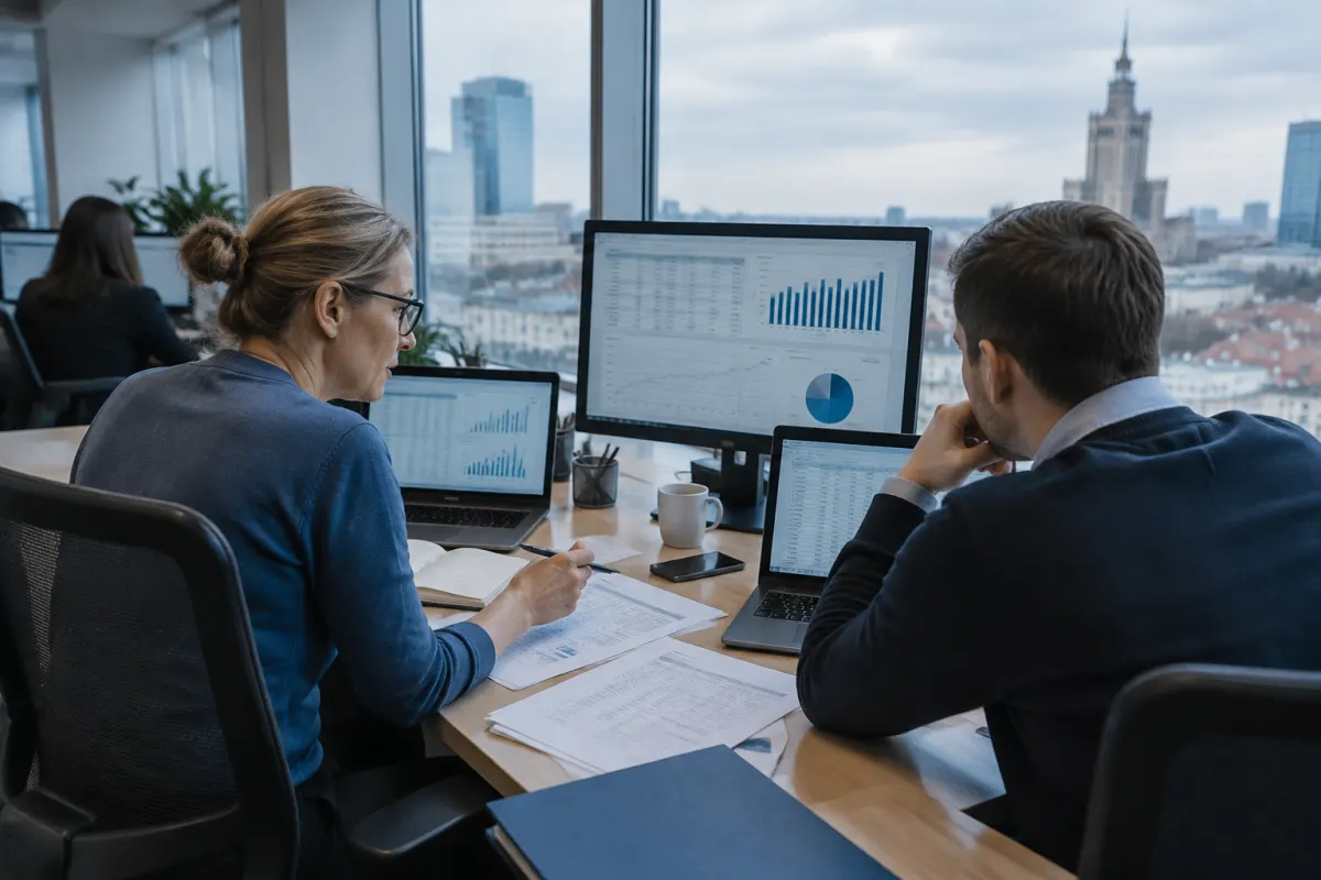 Dwoje pracowników działu finansów w warszawskim biurze z widokiem na Pałac Kultury analizuje zestawienia kosztów na laptopach i monitorze, na biurku leżą wydrukowane faktury