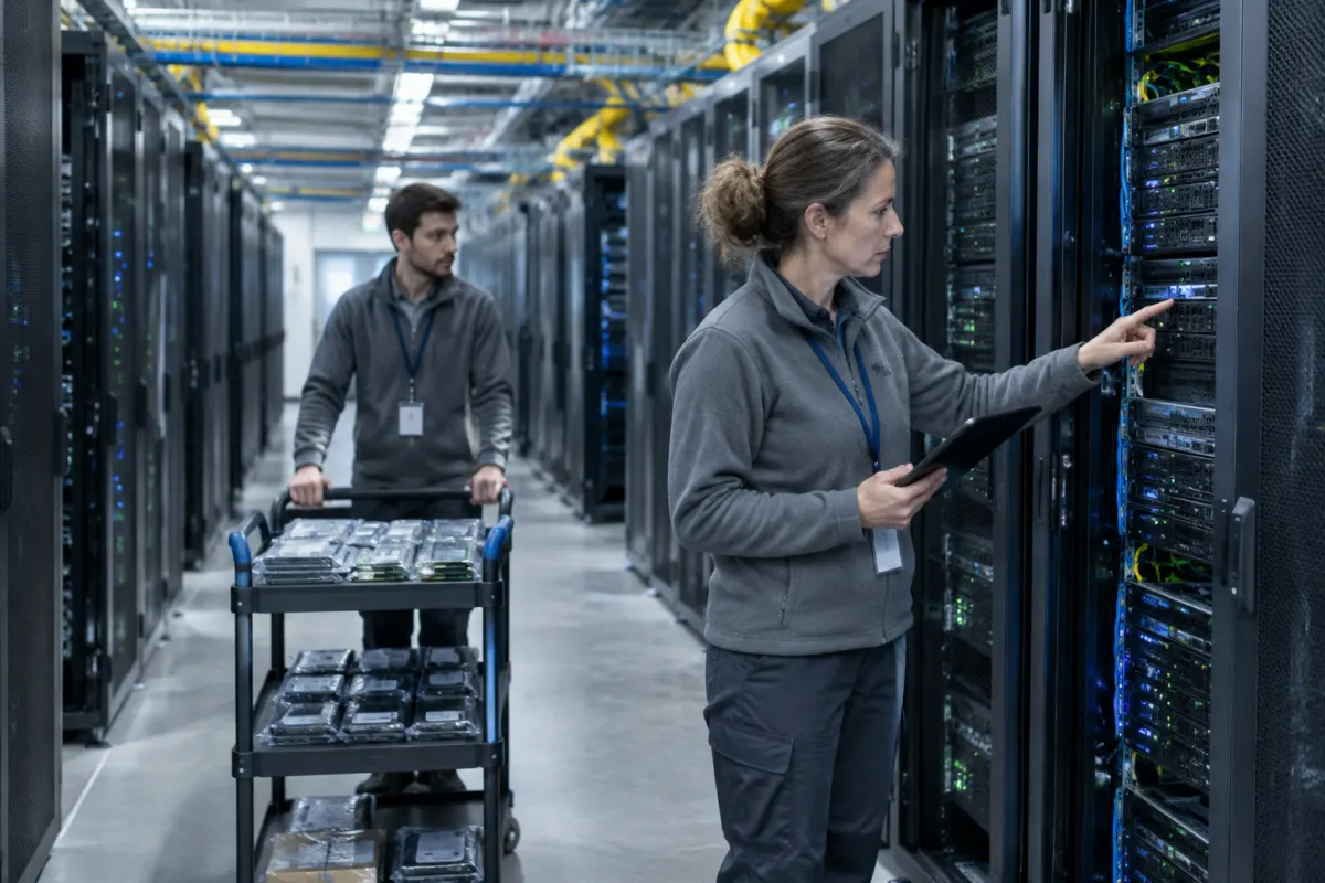 Technik i technika w europejskim centrum danych sprawdzają szafę serwerową z tabletem, obok wózek z nowymi modułami pamięci i dyskami w antystatycznych opakowaniach