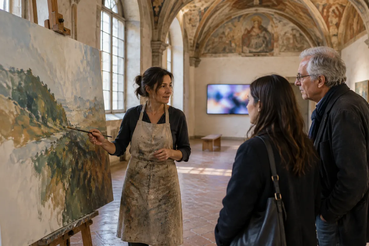 Malarka w poplamionym fartuchu pokazuje dwóm zwiedzającym nieukończony pejzaż w galerii ze sklepieniem z freskami, w tle ekran z rozmytą grafiką