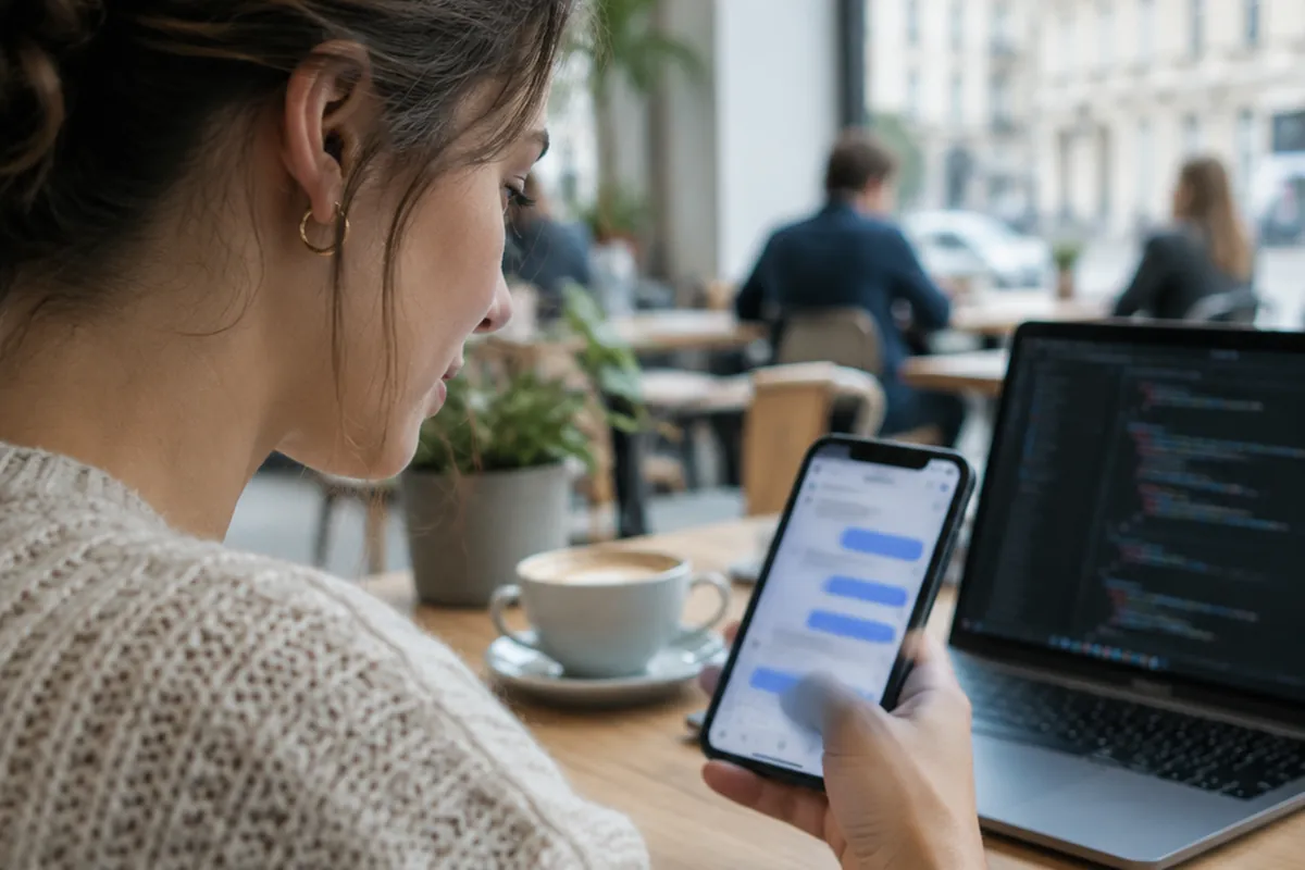 Kobieta w kawiarni z dużymi oknami pisze wiadomość na smartfonie, obok na stole stoi filiżanka kawy i otwarty laptop z kodem