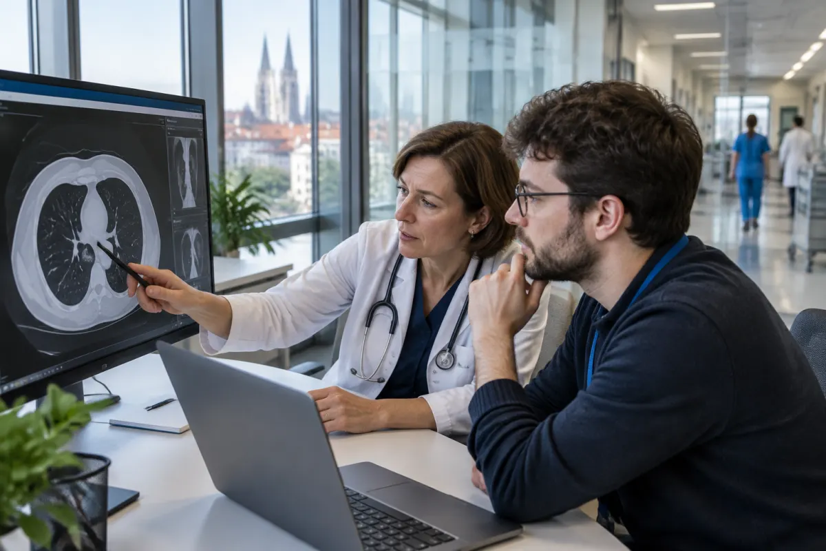 Lekarka w białym fartuchu wskazuje na monitorze tomografię płuc, a obok analityk danych z laptopem przygląda się obrazowi w jasnym gabinecie szpitala z widokiem na miasto