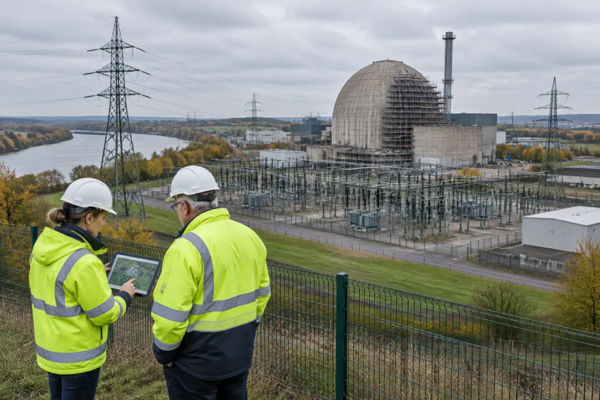 Dwoje inżynierów w kaskach i kurtkach odblaskowych ogląda plan na tablecie przy ogrodzeniu, za nimi rozbierana elektrownia jądrowa z kopułą w rusztowaniach, stacja elektroenergetyczna i rzeka