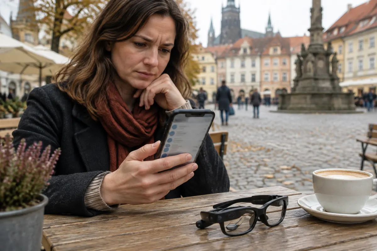 Kobieta w ogródku kawiarni na brukowanym rynku starego miasta sprawdza listę nagrań w telefonie, obok filiżanki kawy leżą złożone okulary z kamerą