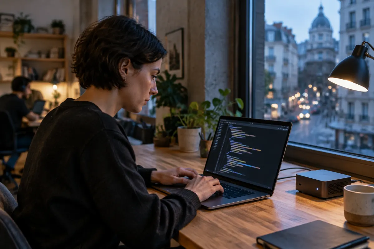 Programistka z krótkimi ciemnymi włosami pisze kod na laptopie przy drewnianym biurku w coworkingu, obok stoi mały komputer z diodą, za oknem wieczorna europejska ulica