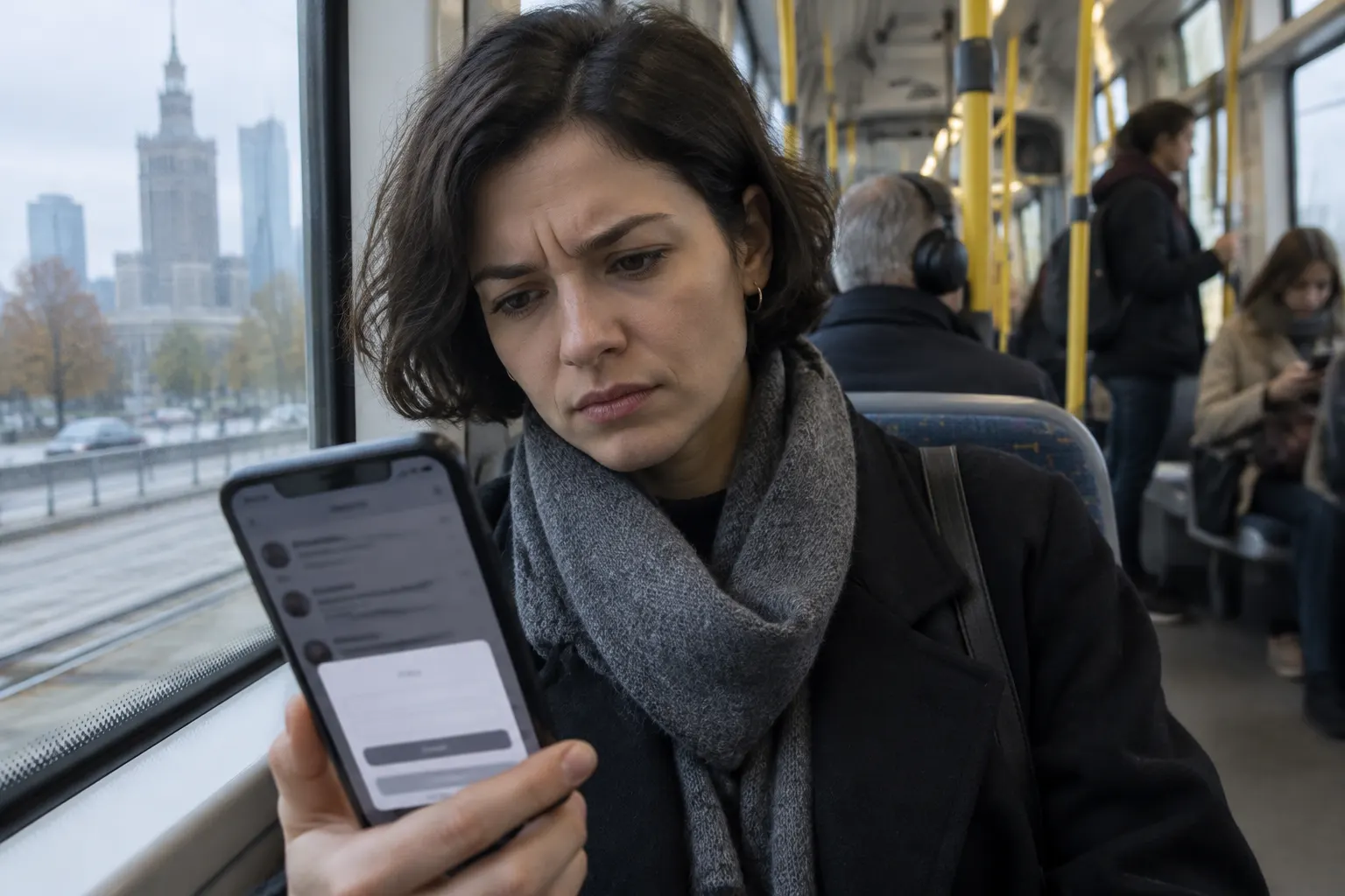 Kobieta z krótkimi ciemnymi włosami i szarym szalem jedzie tramwajem przez Warszawę i z niezadowoloną miną patrzy na telefon, na którym wątek forum zasłania okno logowania, za szybą widać Pałac Kultury