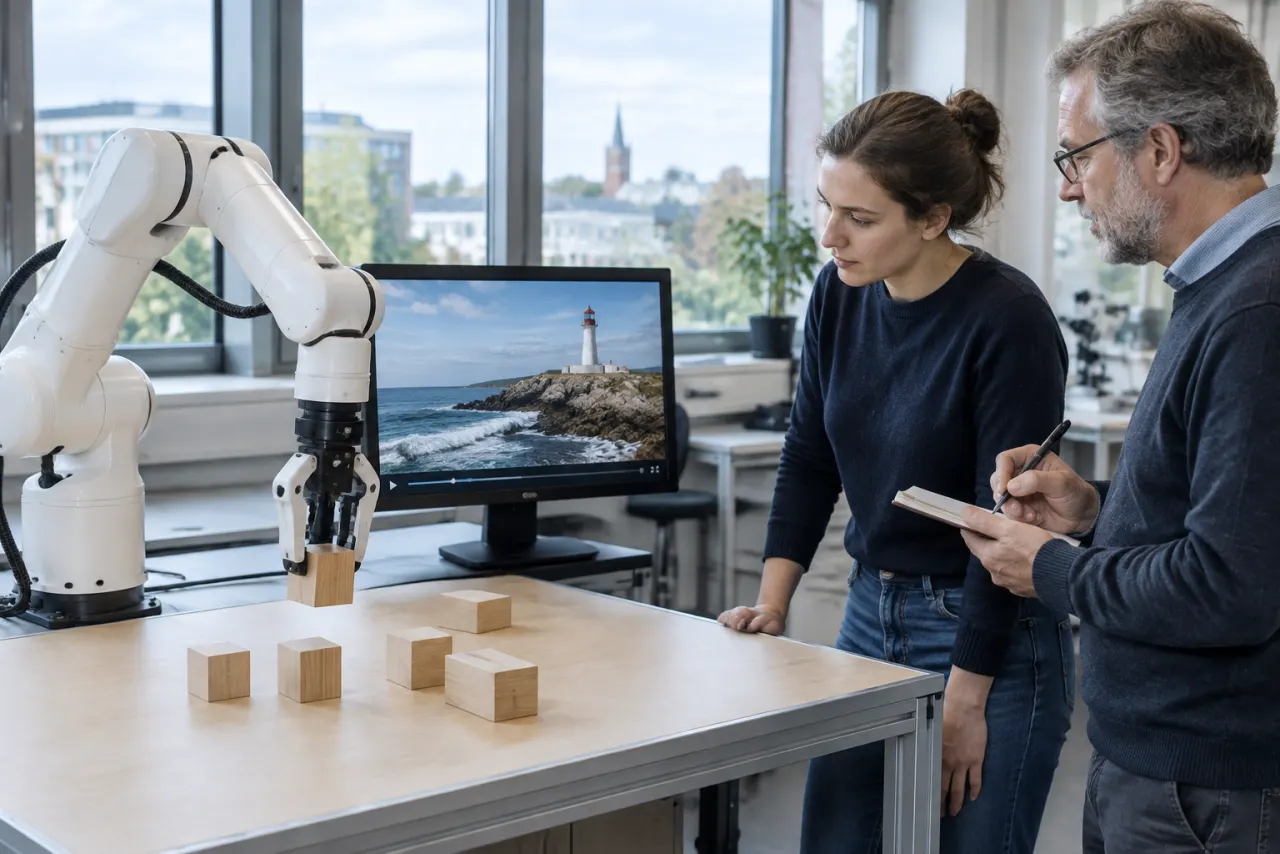 Białe ramię robota z chwytakiem podnosi drewniany klocek w laboratorium uczelni, obok monitor z nagraniem latarni na skalistym wybrzeżu, dwoje badaczy obserwuje i robi notatki