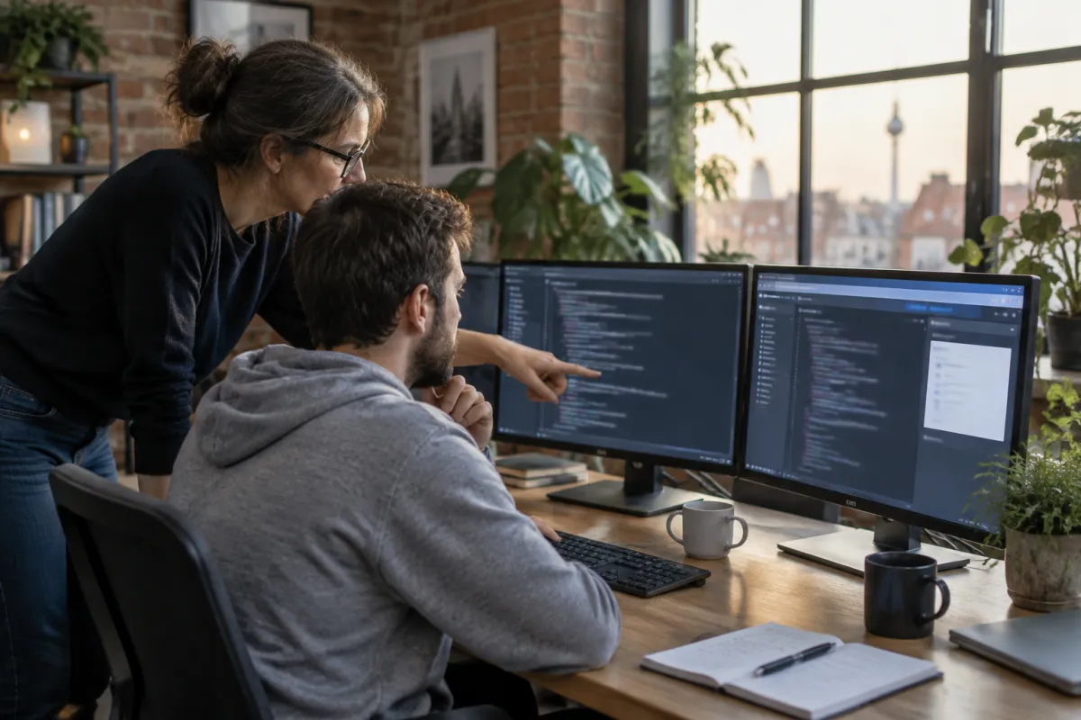 Programistka w okularach wskazuje kod na jednym z dwóch monitorów, a brodaty programista w szarej bluzie słucha jej przy biurku w ceglanym loftowym biurze z widokiem na miasto