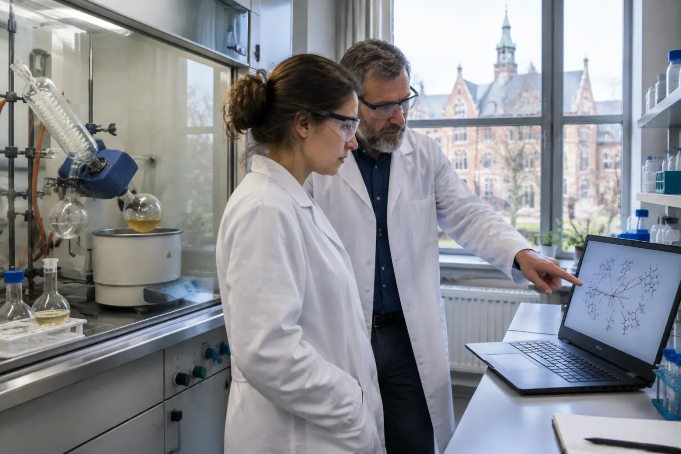 Chemiczka w goglach ochronnych i starszy chemik z brodą patrzą na laptopa z rozgałęzionym schematem cząsteczek w laboratorium z wyparką obrotową