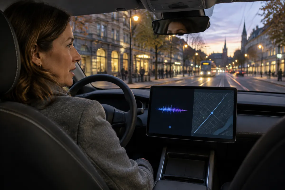 Kobieta w szarym płaszczu siedzi za kierownicą elektrycznego auta zaparkowanego wieczorem przy europejskiej ulicy z torami tramwajowymi i mówi do samochodu, a na środkowym ekranie widać falę dźwięku i mapę