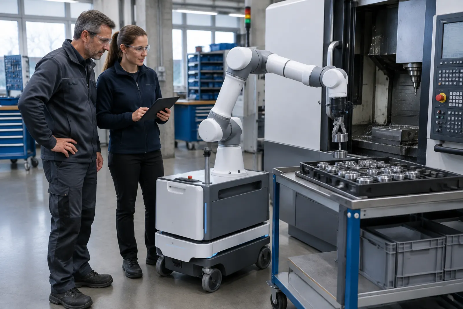 Technik i inżynierka z tabletem obserwują modułowe ramię robota na mobilnym wózku, które odkłada metalowy detal przy obrabiarce CNC w hali produkcyjnej