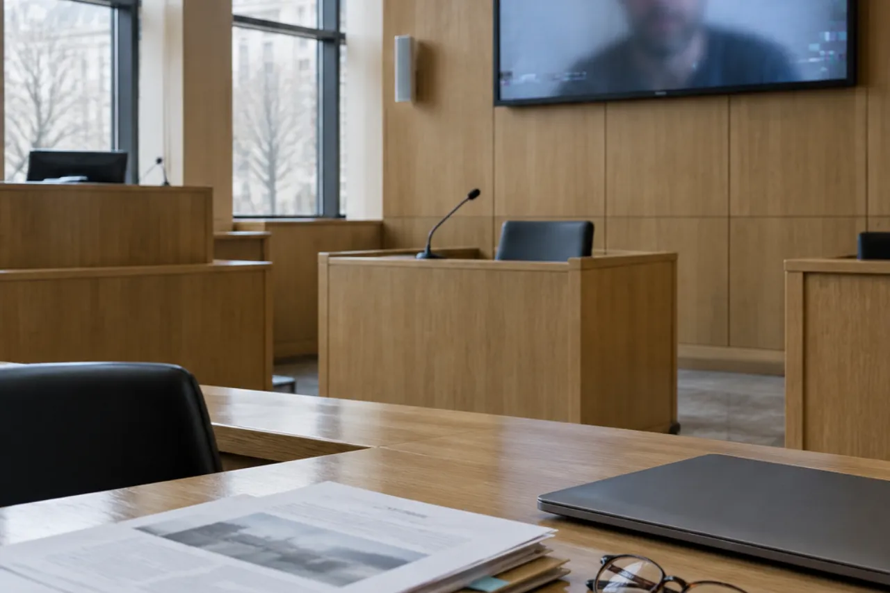 Pusta sala rozpraw z jasną boazerią, na ekranie ściennym rozmyta, lekko zniekształcona twarz mężczyzny z nagrania, na pierwszym planie akta sprawy, laptop i okulary