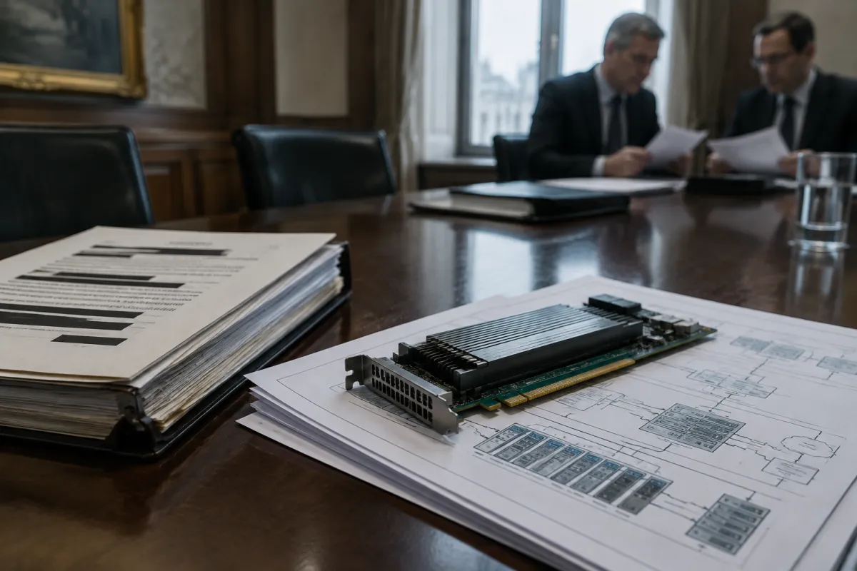 Gruba teczka z zaczernionymi fragmentami tekstu i karta akceleratora serwerowego leżąca na schematach technicznych na stole konferencyjnym, w tle dwóch urzędników czyta dokumenty przy oknie