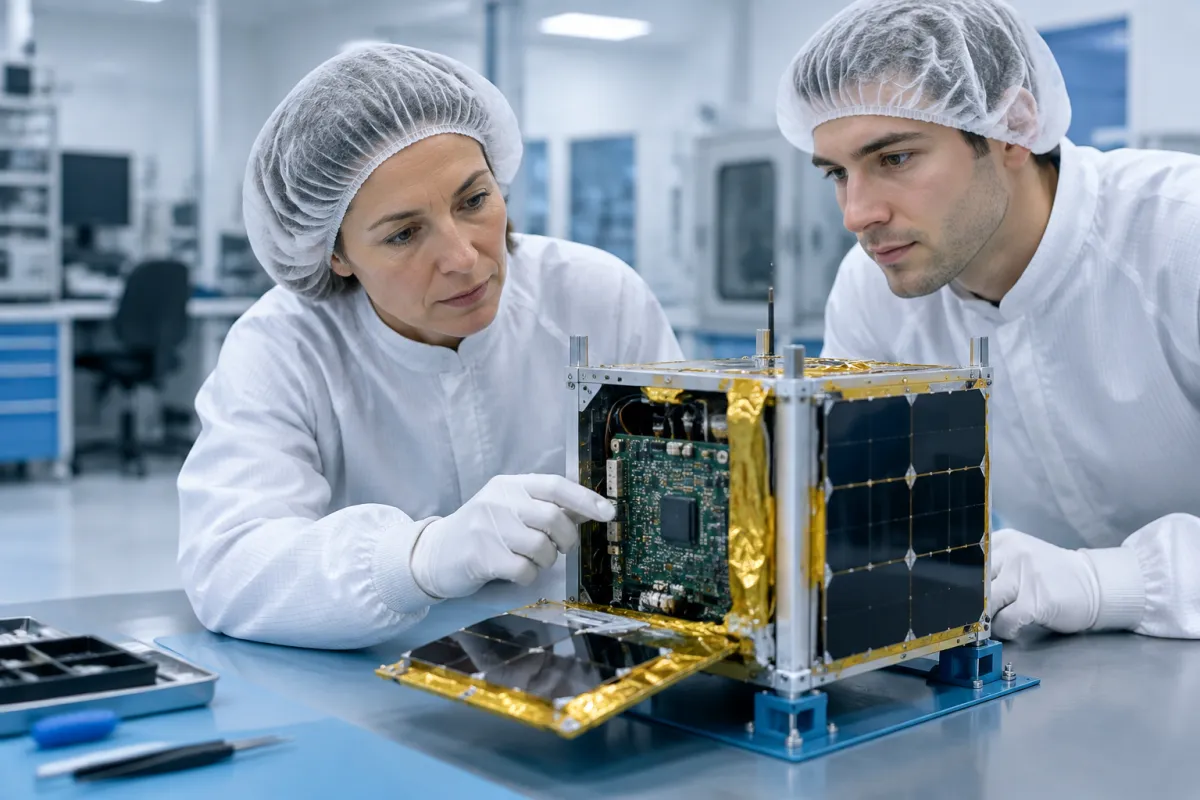 Dwoje inżynierów w białych kombinezonach w czystym pomieszczeniu ogląda otwarty mały satelita z płytką komputera i panelami słonecznymi