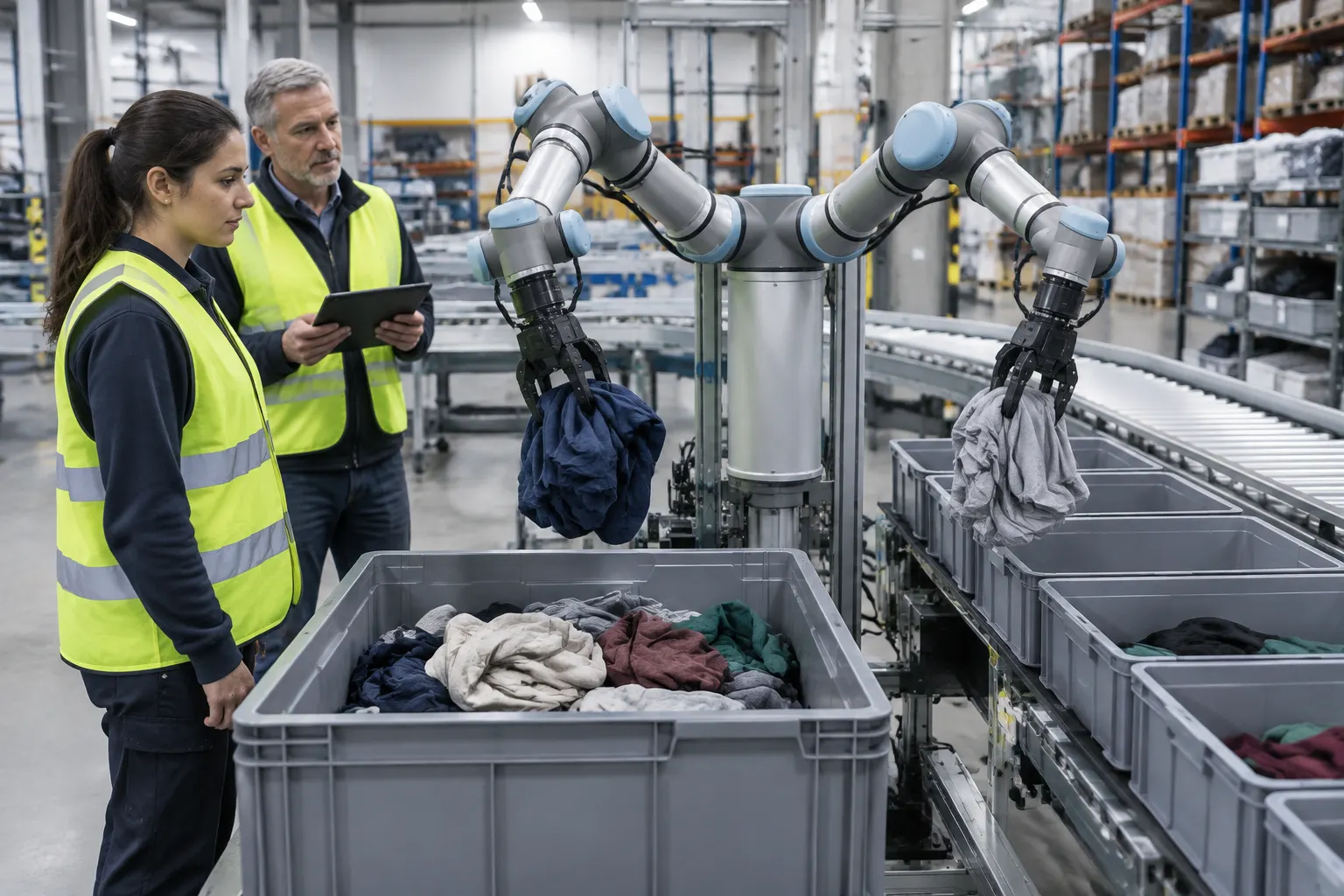 Dwuramienny robot przenosi pogniecione ubrania z szarego pojemnika do skrzynek sortujących, obok stoją pracownica i starszy pracownik w kamizelkach odblaskowych z tabletem