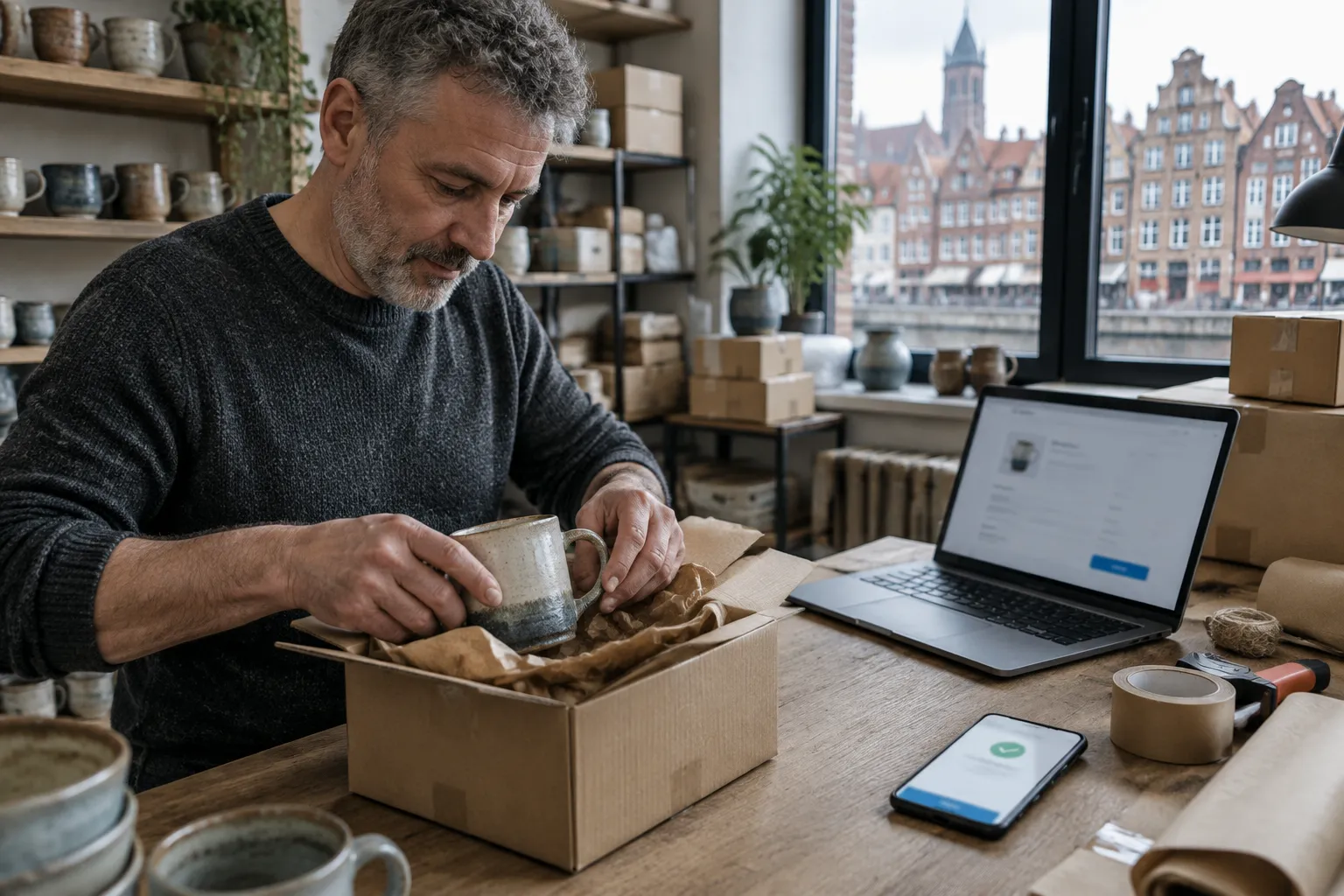 Właściciel małego sklepu z ceramiką pakuje kubek do kartonu w pracowni w Gdańsku, obok laptop z otwartym koszykiem i telefon z potwierdzeniem płatności