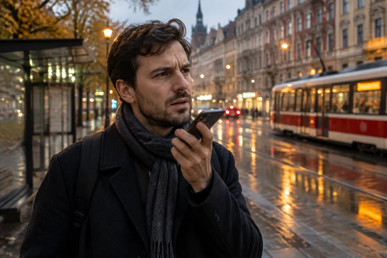 Mężczyzna w płaszczu i szaliku stoi wieczorem na przystanku tramwajowym w centrum europejskiego miasta i mówi do telefonu trzymanego przy ustach, za nim mokra ulica, kamienice i przejeżdżający tramwaj