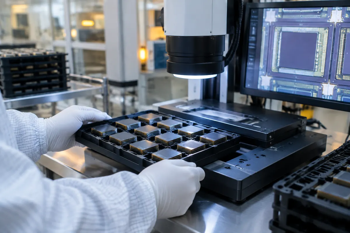 Technik w białym kombinezonie i rękawicach kładzie tackę z układami pamięci na stanowisku kontroli optycznej, obok monitor pokazuje powiększony obraz układu