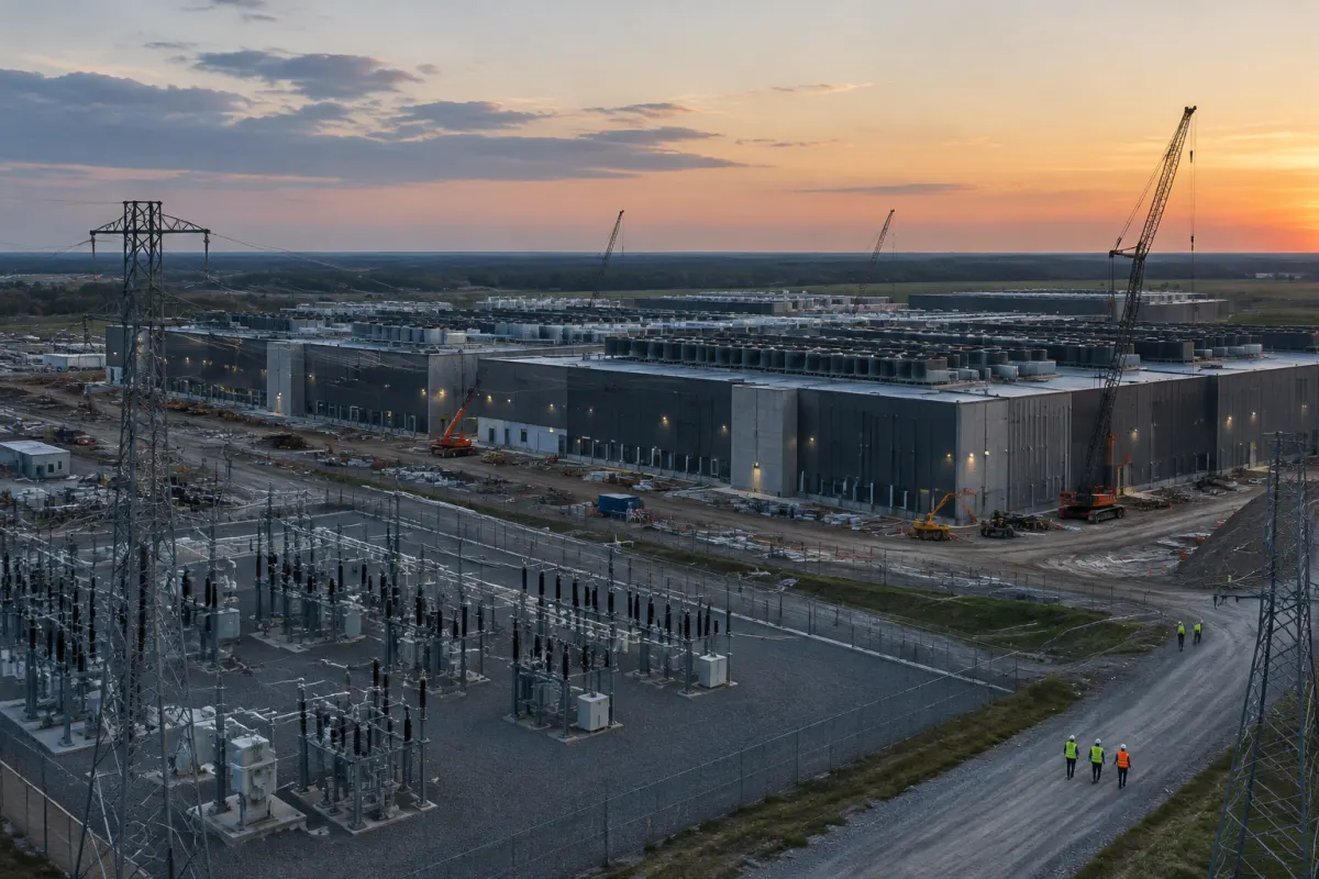 Budowa rozległego kampusu centrum danych o zmierzchu, na pierwszym planie stacja elektroenergetyczna i linie wysokiego napięcia, żurawie przy halach serwerowych i trzech pracowników w kamizelkach odblaskowych na żwirowej drodze