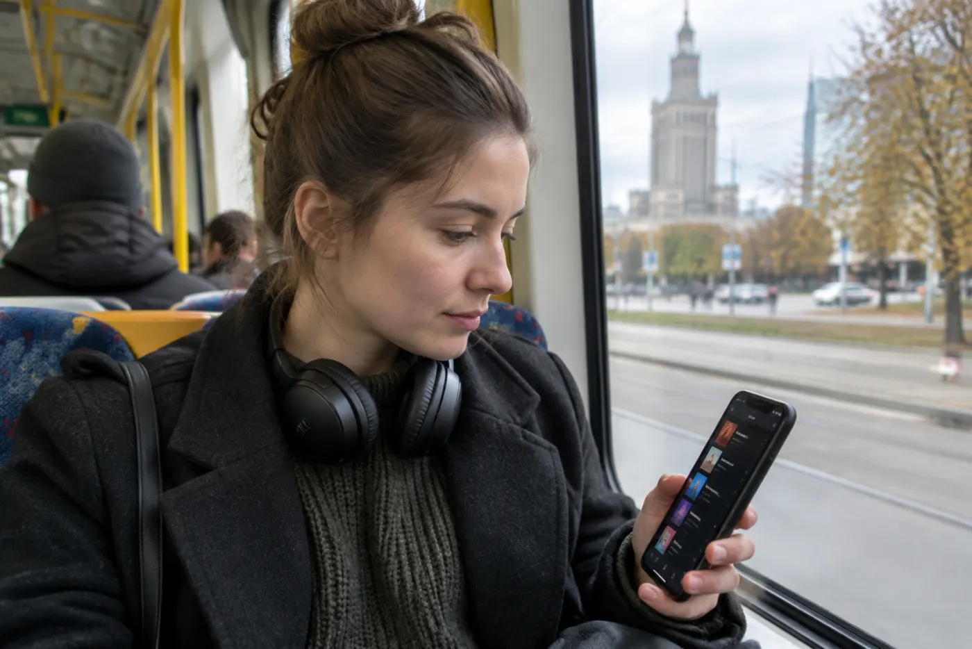 Młoda kobieta ze słuchawkami na szyi jedzie tramwajem w Warszawie i przegląda listę utworów w aplikacji muzycznej na smartfonie, za oknem Pałac Kultury i jesienne drzewa