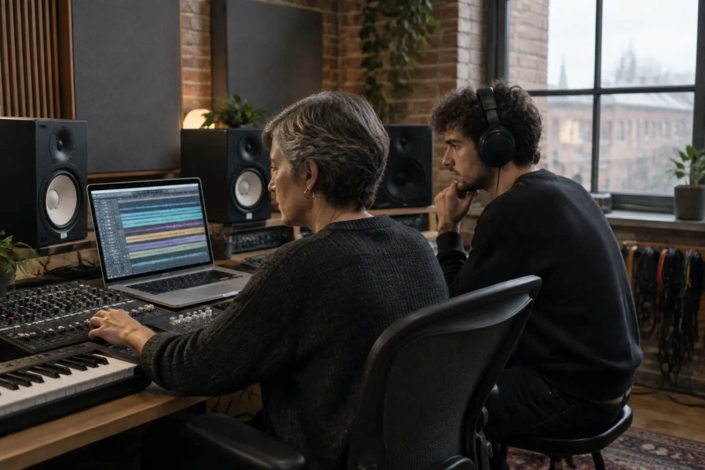 Producentka muzyczna przy konsolecie mikserskiej i laptopie z wielościeżkowym nagraniem, obok młody realizator dźwięku w słuchawkach, studio w ceglanym budynku