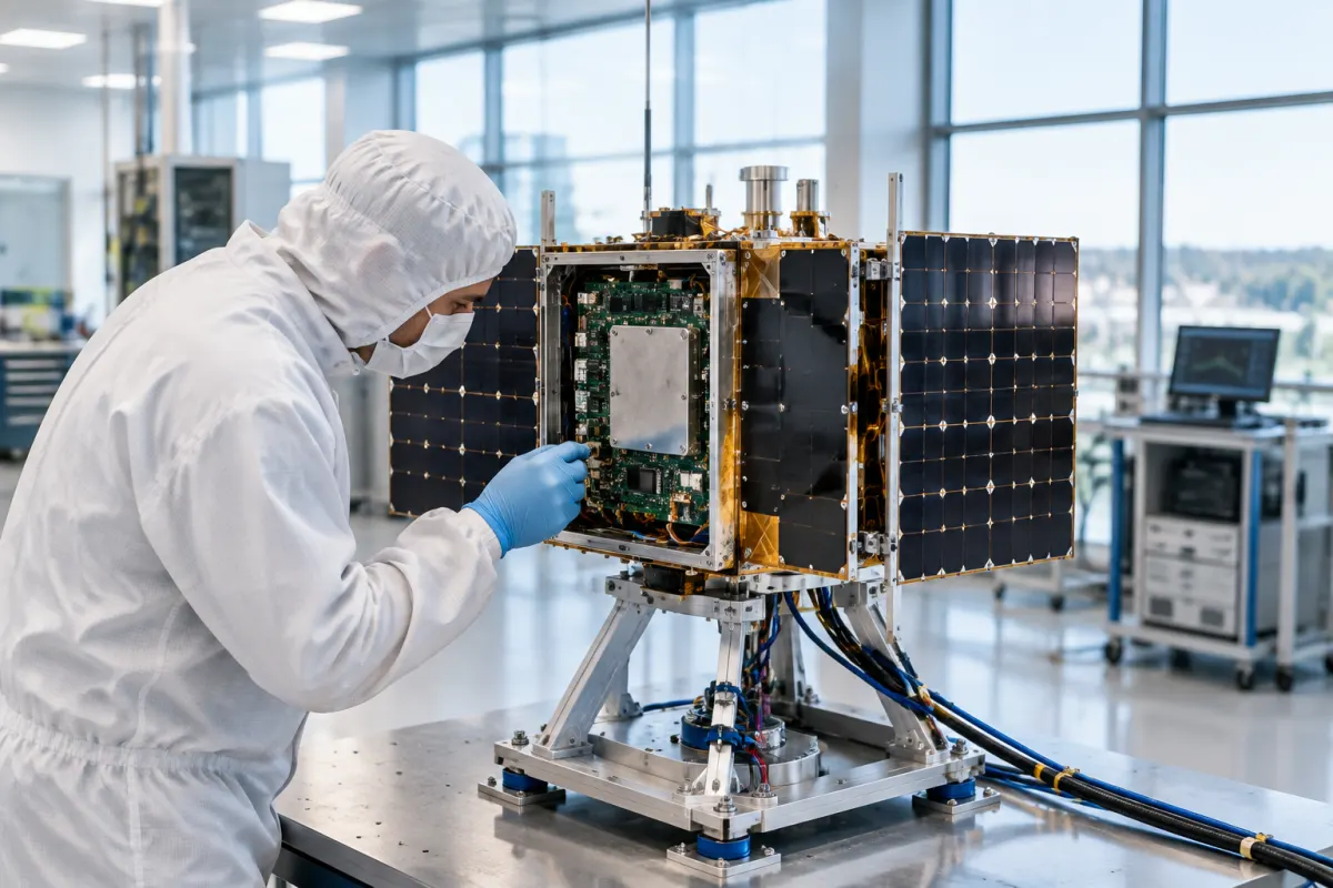 Inżynier w białym kombinezonie do pracy w pomieszczeniu czystym sprawdza otwartą komorę elektroniki małego satelity z rozłożonymi panelami słonecznymi w jasnej hali integracyjnej