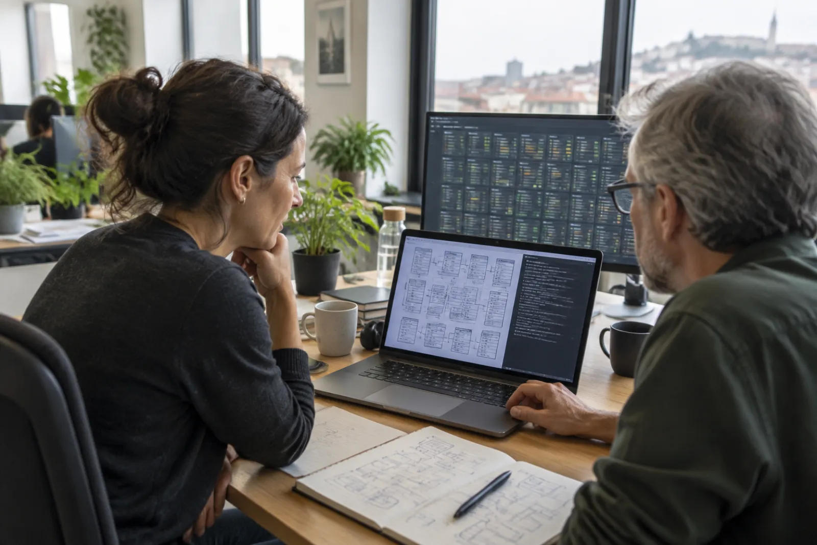 Programistka i starszy programista siedzą przy biurku w jasnym biurze z widokiem na europejskie miasto i analizują na laptopie schemat wielu tabel bazy danych, obok monitor z siatką małych paneli i notes z rozrysowanymi tabelami