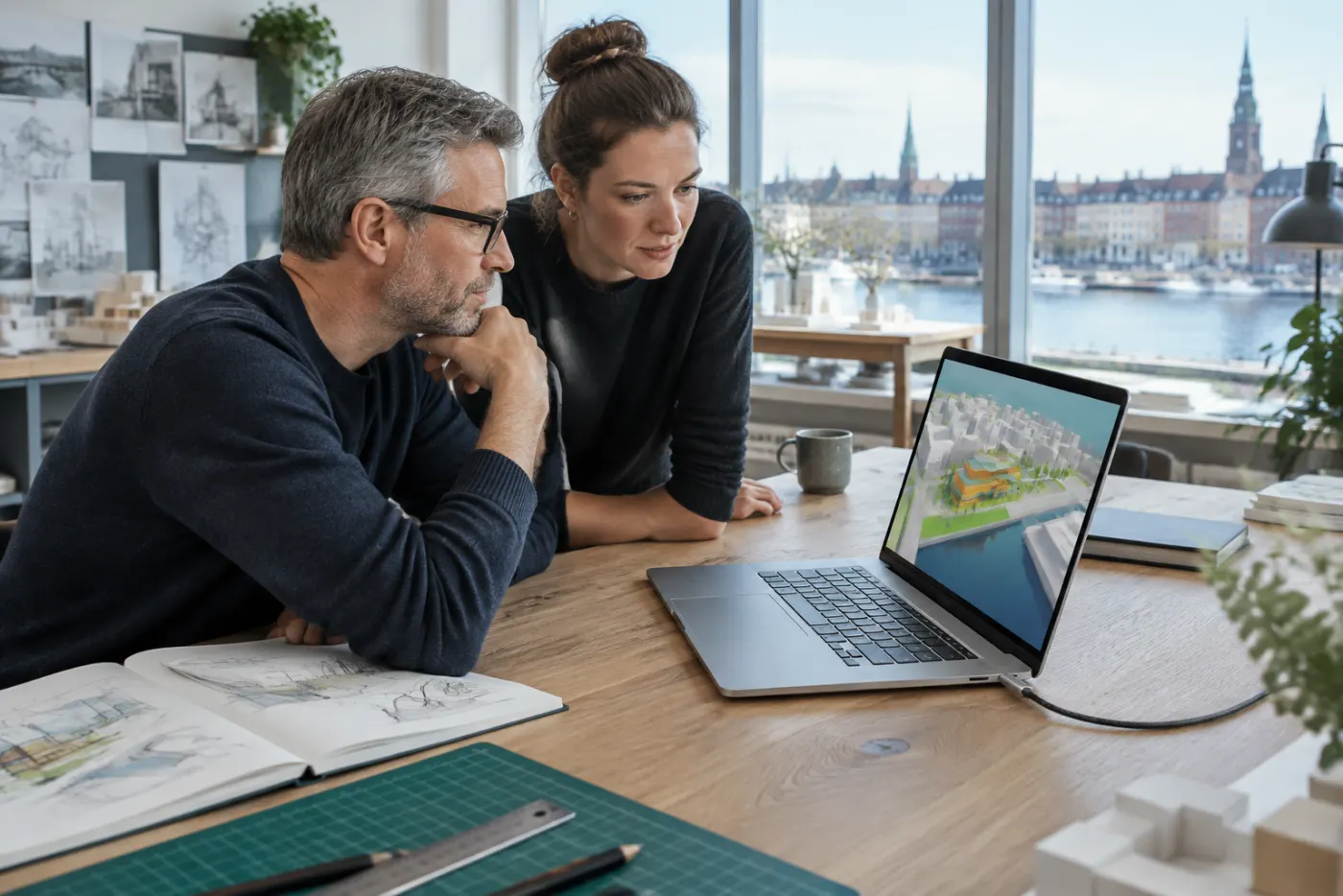 Siwy architekt w okularach i młodsza projektantka w pracowni z widokiem na nabrzeże oglądają model 3D osiedla na srebrnym laptopie podłączonym magnetycznym kablem