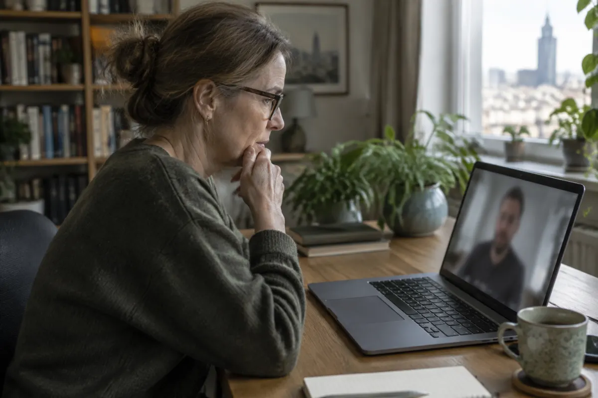 Kobieta w okularach siedzi przy drewnianym biurku w mieszkaniu i z zamyśleniem patrzy na laptopa, na którego ekranie trwa rozmowa wideo z rozmytą postacią mężczyzny