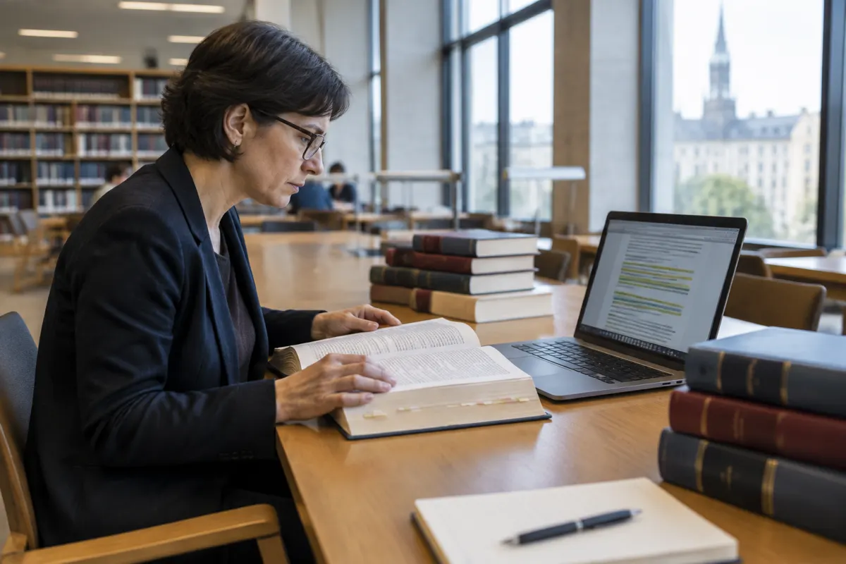 Prawniczka w okularach porównuje tom orzeczeń z adnotacjami z zaznaczonym tekstem na laptopie w jasnej bibliotece uniwersyteckiej z widokiem na wieżę kościoła