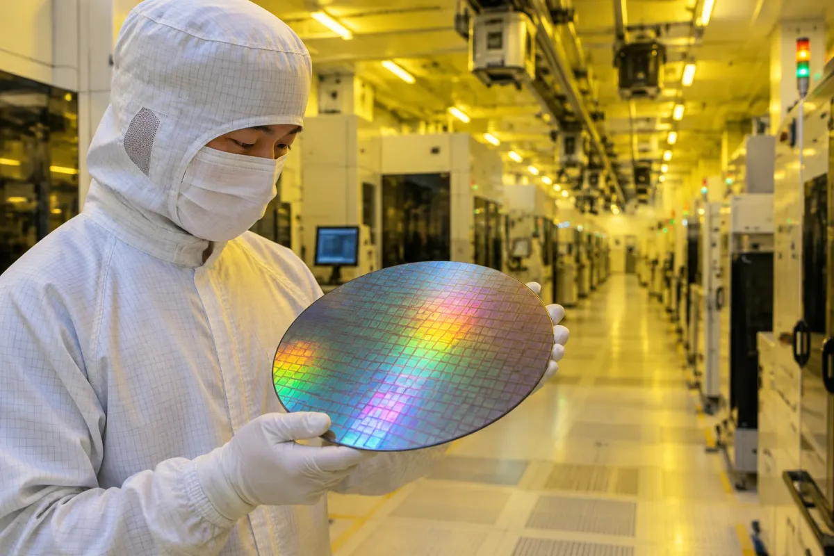 Inżynier w białym kombinezonie ochronnym i maseczce ogląda opalizujący krzemowy wafel w hali clean room fabryki półprzewodników oświetlonej żółtym światłem