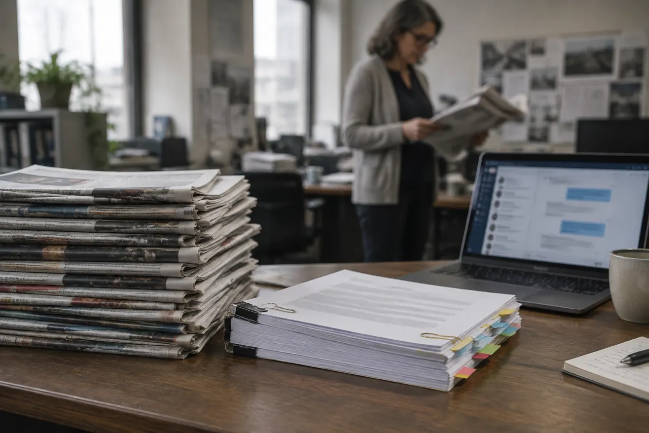 Stos regionalnych gazet i gruby wydruk pozwu z kolorowymi zakładkami na biurku redakcji, obok laptop z oknem czatu, a w tle redaktorka czyta wydanie
