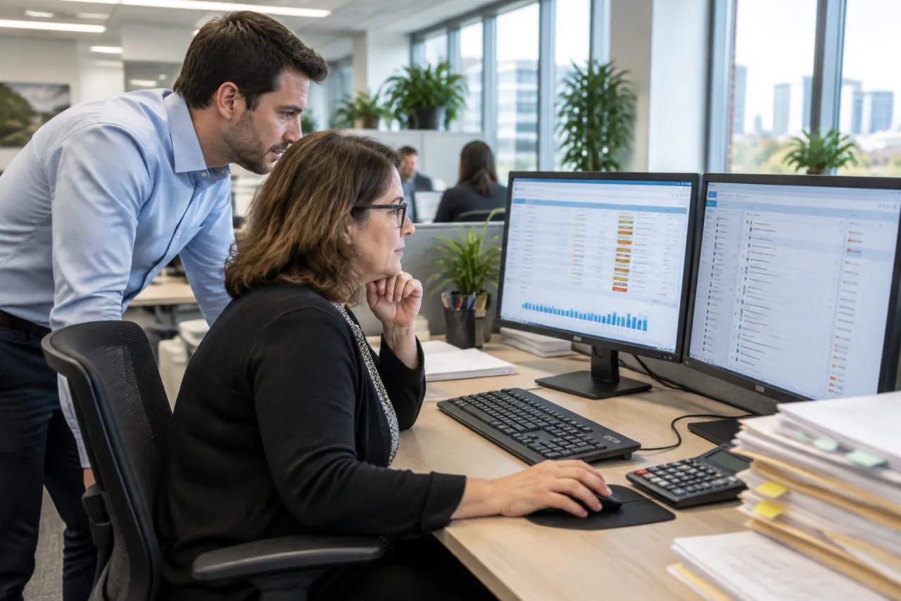 Kobieta w okularach analizuje na dwóch monitorach tabele płatności i kolejkę wiadomości, a współpracownik pochyla się nad jej biurkiem, obok leży stos teczek z dokumentami kredytowymi i kalkulator