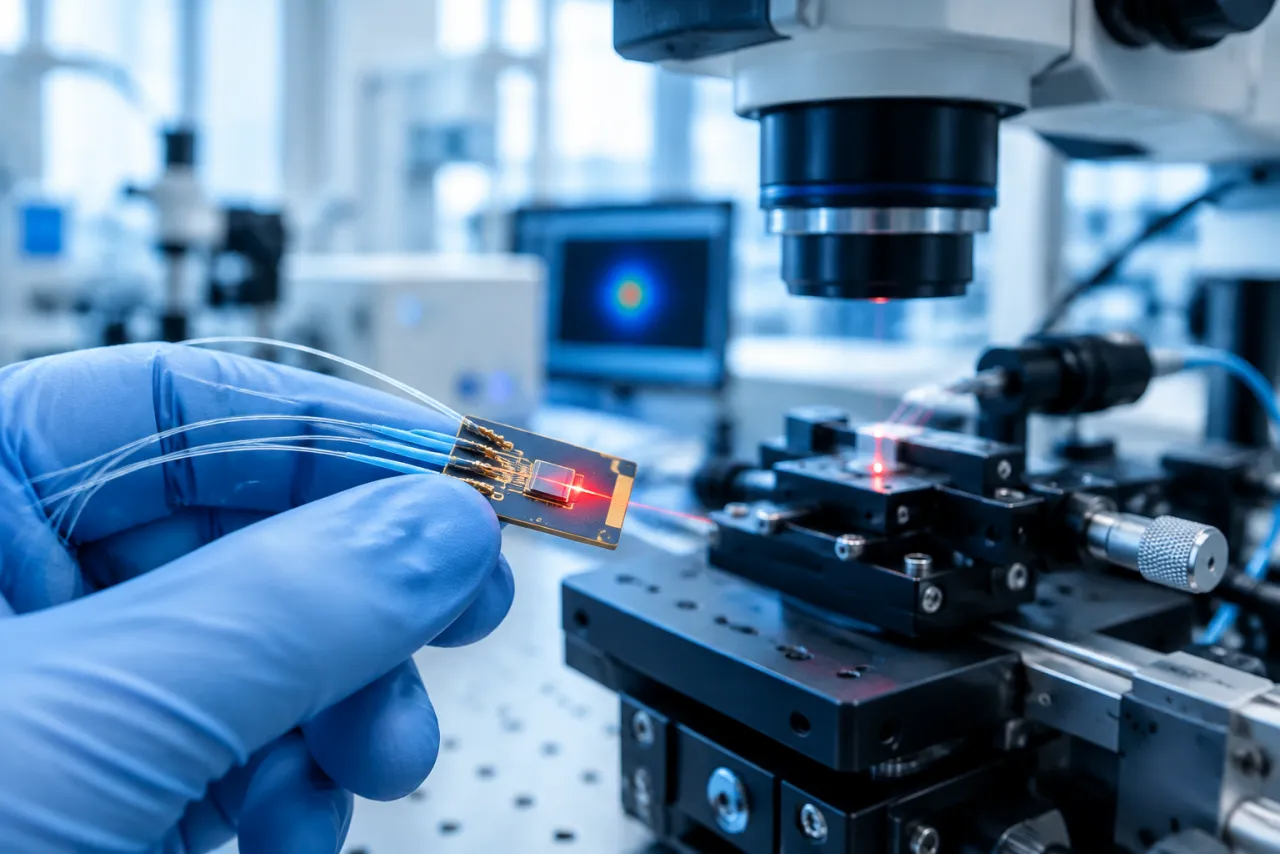 Dłoń w niebieskiej rękawicy laboratoryjnej trzyma płytkę testową z małym układem laserowym i światłowodami obok stolika pozycjonującego z czerwonym światłem lasera